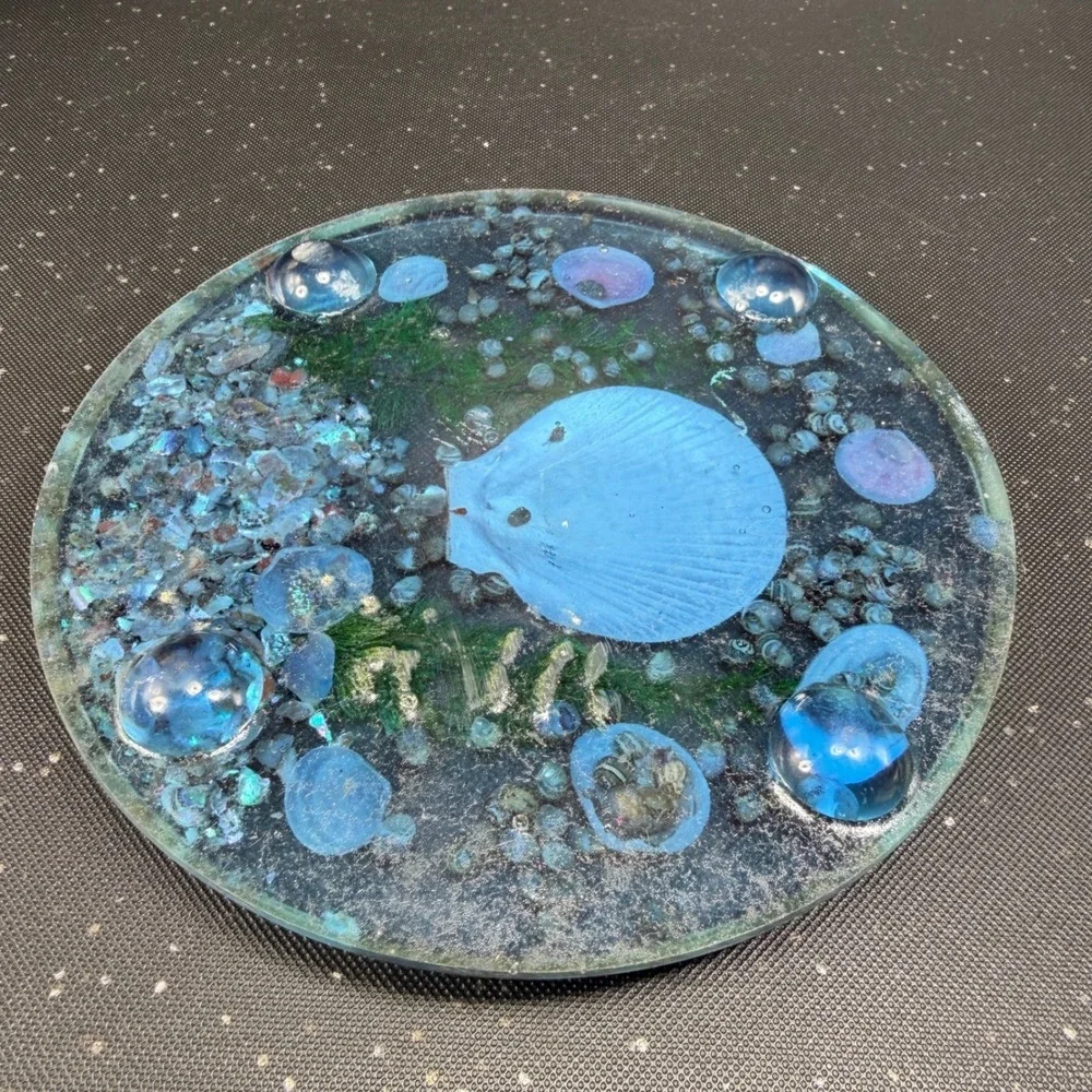 Vintage Lucite Seashell Trivet 6 Inch Round Clear Resin Coastal Decor Blue White